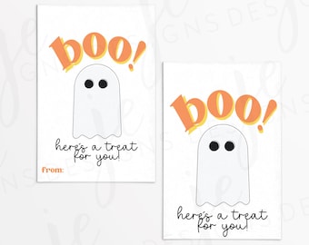 Halloween Boo! Here's a Treat for You 3x2" Gift Tag with Orange & Yellow Lettering and Ghost | Printable | Instant Download