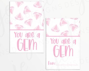 You Are A Gem 3x2" Tag with Pink Gem Seamless Pattern and To and From Lines | Cookie Tag | Printable | Instant Download | Valentine's Day