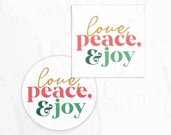 Love, Peace and Joy 2x2" Gift Tag with Red, Green, Gold Lettering | Instant Download | Printable | Holiday | Christmas | Neighbor