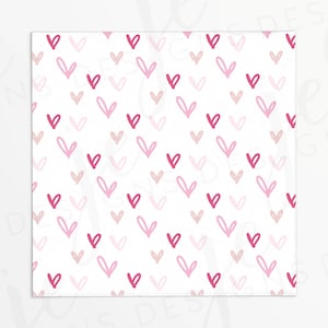 May include: A seamless pattern featuring pink and white hearts on a white background. The hearts are of varying sizes and shades of pink.