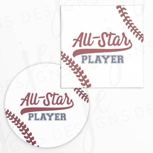 All Star Player 2x2" Gift Tag with Baseball Stitches | Cookie Printable | Instant Download | MVP | Sport | Sports