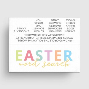 May include: A printable Easter word search puzzle with a colorful "Easter word search" title. The puzzle includes words like "Easter", "eggs", "bunny", "candy", "spring", "chicks", "flowers", "baskets", "decorate", "egg hunt", "Sunday", "bonnet", "dye", "grass", "hop", "chocolate", "lambs".