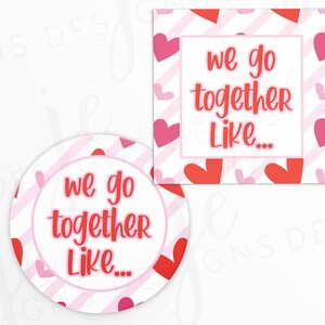 Valentine&#39;s Day &quot;We Go Together Like...&quot; 2x2&quot; Gift Tag with Red Hearts Pattern and Pink Stripes | Printable | Instant Download | Valentine