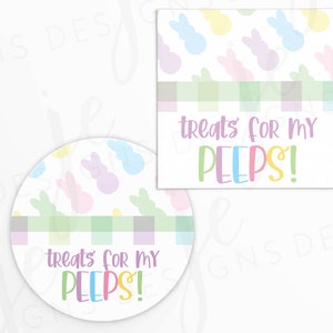 May include: Easter gift tags featuring a pastel bunny design and the text "treats for my PEEPS!" in colourful letters. One tag is square, the other round, both with a green and white plaid border.