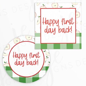 Happy First Day Back! 2x2&quot; Tag with Apples and Green Gingham | Cookie Printable | Instant Download | Back to School