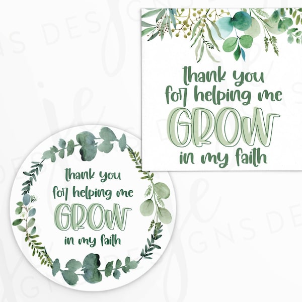 Thank You for Helping Me Grow in My Faith 2x2" Gift Tag with Watercolor Eucalyptus | Printable | Instant Download | Church