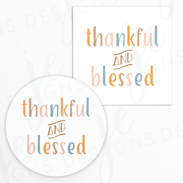 Thanksgiving 'Thankful and Blessed' 2x2" Gift Tag with Multicolored Lettering | Cookie Printable | Instant Download