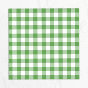 May include: A square, green and white gingham pattern. The design features a classic checkered arrangement of alternating green and white squares. The pattern is evenly spaced and covers the entire surface, creating a clean and simple aesthetic.
