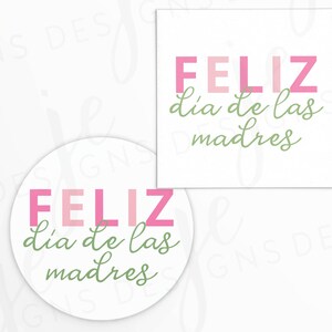 Etiqueta Feliz Día de las Madres de 2 x 2" con diseño de combinación de fuentes simple en letras rosadas y verdes / Imprimible / Descarga instantánea / Día de la Madre