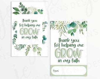 Thank You for Helping Me Grow in My Faith 3x2" Gift Tag with Watercolor Eucalyptus | Printable | Instant Download | Church