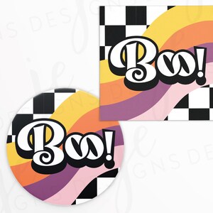 Halloween Boo! Here&#39;s a Treat for You 2x2&quot; Gift Tag with Black & White Checkered Pattern and Retro Lines | Printable | Instant Download