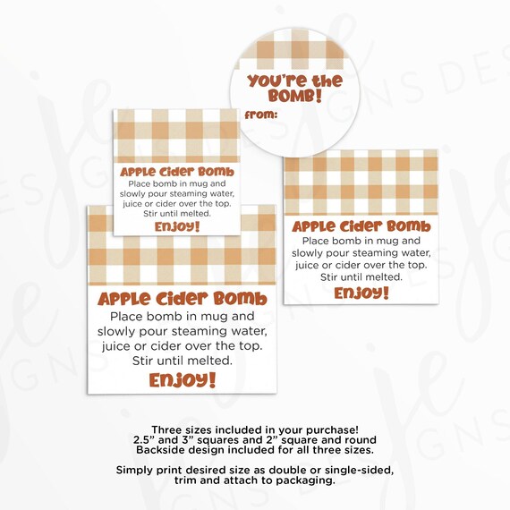 Apple Cider Bomb Instructions Tags Bundle In 3 Sizes: 2x2, 2.5x2.5.