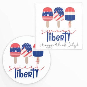 Etiqueta para presente de feriado Sweet Liberty 2x2 "com picolé vermelho, branco e azul | Download instantâneo para impressão | 4 de julho | 4 de julho | Dia da Independência