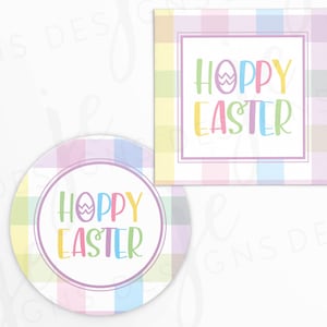 May include: Two printable designs featuring a pastel plaid background with the text "Hoppy Easter" in rainbow colors. The designs are perfect for Easter crafts and decorations.