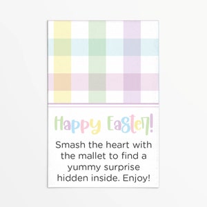 Ostern zerschmetterbares Schokoladenherz 3x2&quot;Instruktionen Tag mit Regenbogen kariertem Vichykaro | zerbrechliches Herz | Holzhammer | druckbar | Sofort Download