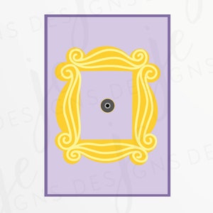 May include: A yellow frame with a swirl design on a purple background. The frame is similar to the one used in the TV show "Friends".