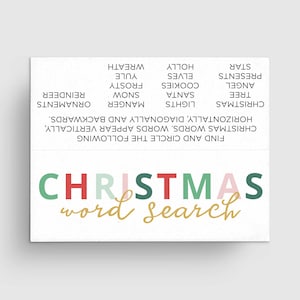 May include: A printable Christmas word search puzzle with a green, red, pink, and gold title that says "Christmas word search". The puzzle includes a list of Christmas-themed words to find, such as "tree", "angel", "presents", "star", "wreath", "reindeer", and "ornaments".