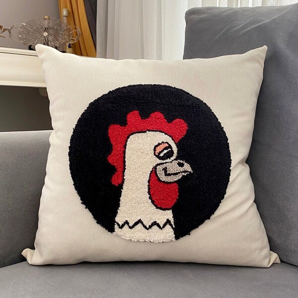 Punch Needle 'Cute Chicken' Pillow Cover, Pillow Cover for Sofa, Decorative Pillow, Room Decoration, Nursery Room Decoration