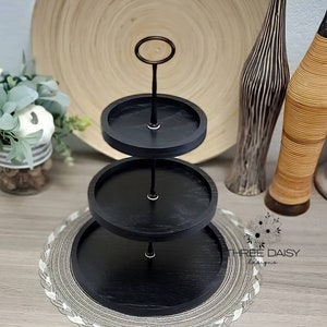 Tiered Tray Stand, Black, READ DETAILS for SIZE, Wooden 3 Tier or 2 tier Stand, Christmas Minimalist Farmhouse Tiered Tray for Home Decor