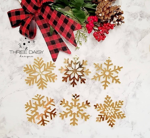 Set of 6 Acrylic Gold Mirror Snowflake Ornaments, Set Gold Acrylic