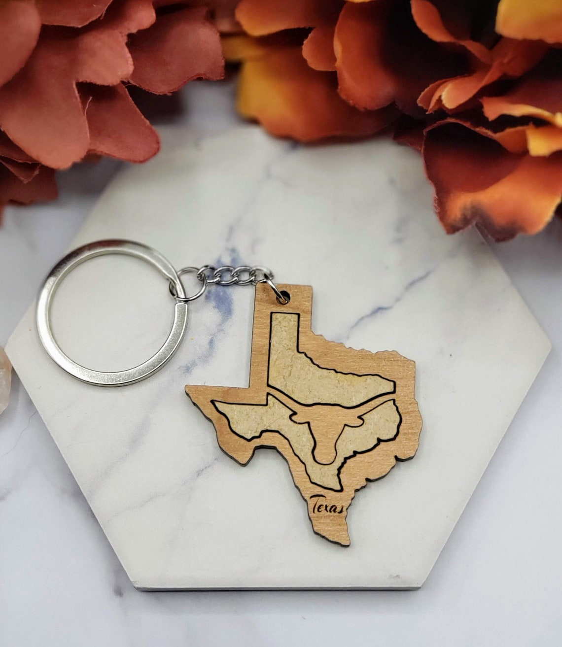 Wood Texas Keychain Longhorn Keychain Texas Laser cut Etsy