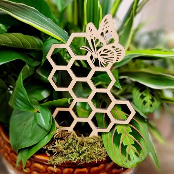 Indoor Plant Honeycomb Trellis, Garden Stake Marker, Plant Trellises, Butterfly, plant climber, Plant Decor, Wood,  Acrylic