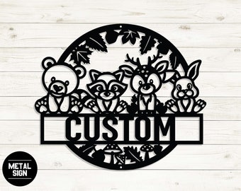 Letrero de madera para guardería, arte de pared con animales del bosque, letrero con nombre de animal del bosque, letrero para bebé de guardería en el bosque, letrero redondo de madera con nombre, decoración de guardería