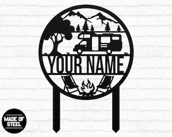 Custom Camping Sign, Camper Decor, RV Decor, Family Name Sign, Anniversary Gift, Personalized Campsite Stake, Happy Campers Yard Sign Metal