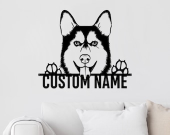 May include: Black and white silhouette of a husky dog peeking over a sign that says "CUSTOM NAME".
