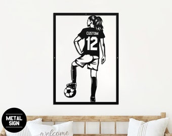 Letrero de metal personalizado de fútbol para niñas, letrero de fútbol con nombre personalizado, decoración de pared de fútbol para niñas, arte de camiseta de fútbol, arte de fútbol, regalo de fútbol para niñas