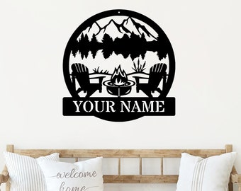 Letrero de fogata personalizado, decoración de pared de metal, letrero de campamento con apellido, decoración de fogata personalizada para exteriores, letrero de fogata con nombre de familia de metal