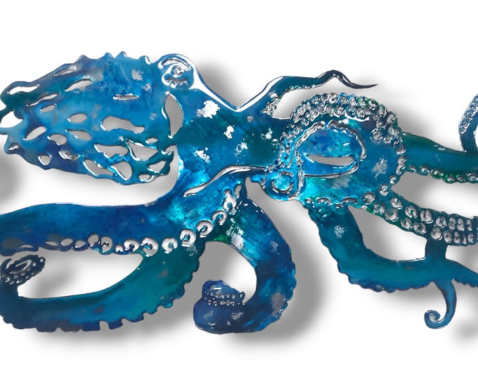 Beautiful Aqua Tones Hand Painted Octopus Metal Wall Hanging