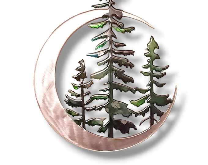 Grinded Metal Green Edged Cedars in the Moon Wall Hanging