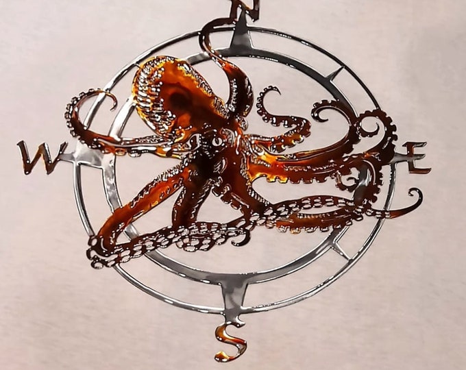Hand Painted Octopus Compass Rose Metal Wall Art
