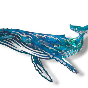 Beautiful Aqua tones Hand Painted Whale Metal Wall Hanging