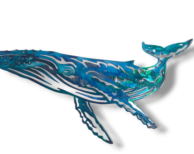 Beautiful Aqua tones Hand Painted Whale Metal Wall Hanging