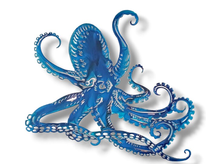 Large Hand Painted Aqua Blue Metal Octopus Wall Hanging