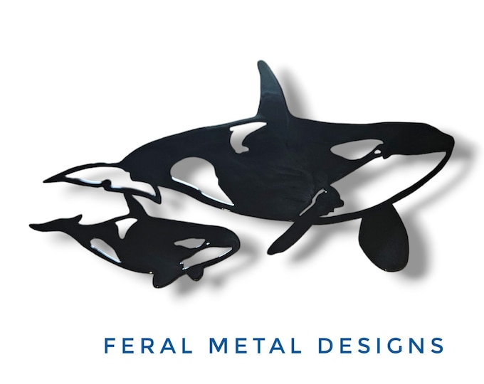 Hand Painted Orca and Calf Metal Wall Art