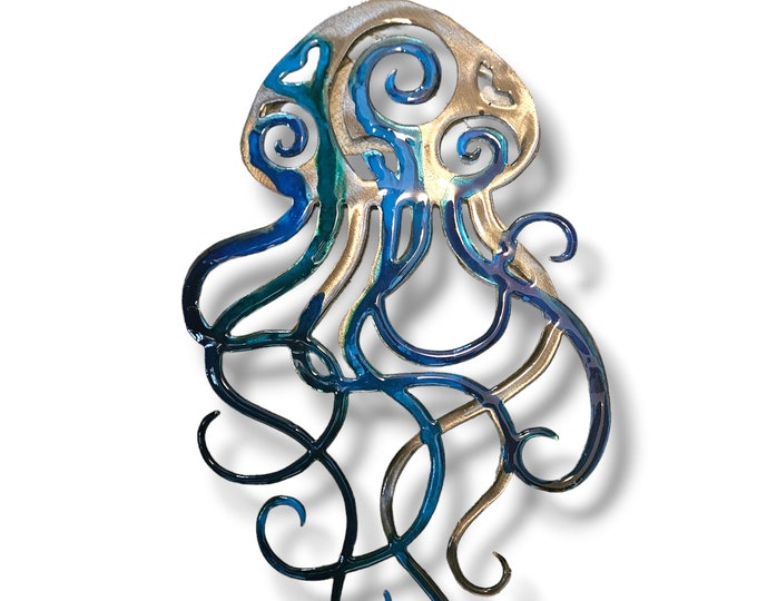 Blue and Aqua Toned Jellyfish Metal Wall Hanging