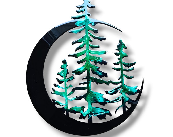 Grinded Metal Green Edged Cedars in the Moon Wall Hanging