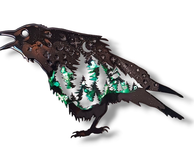 Metal Raven in the Woods Hand Painted Wall Hanging