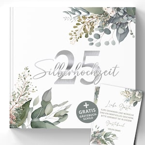 Silberhochzeit Gästebuch 25 Jahre - Hardcover mit Eukalyptus Design Vintage Boho - 72 Seiten zum Ausfüllen Ideal für Glückwünsche & Fotos