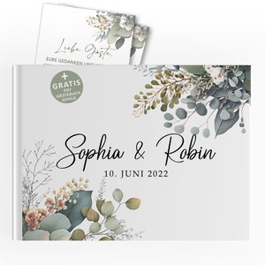 Personalisiertes Gästebuch zur Hochzeit - grünen Eukalyptus Boho Vintage Style für Brautpaaren, Stabile Hardcover-Buch für Glückwünsche