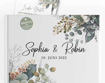 Personalisiertes Gästebuch zur Hochzeit - grünen Eukalyptus Boho Vintage Style für Brautpaaren, Stabile Hardcover-Buch für Glückwünsche