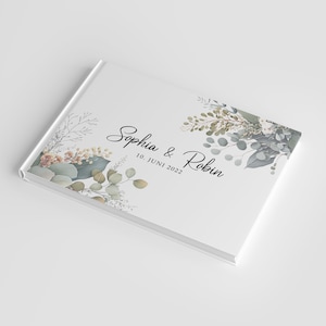 Gepersonaliseerd gastenboek voor de bruiloft groene eucalyptus boho vintage stijl voor pasgetrouwden, stevig hardcover boek voor felicitaties afbeelding 5