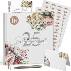 Silberhochzeit 25. Jahre Gästebuch-Set mit Tischkarten und Sticker - Hardcover mit Pfingstrosen Vintage Boho - 72 Seiten zum Ausfüllen