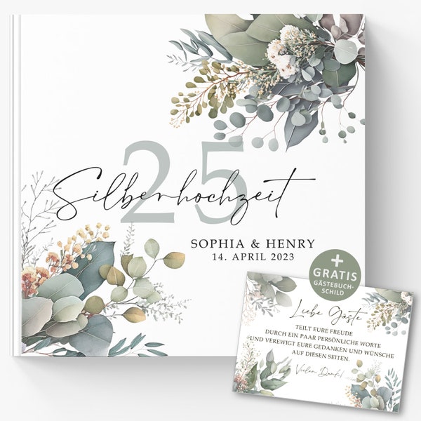 Silberhochzeit 25 Jahre Gästebuch - Hochzeitsjubiläum Geschenk, Personalisiertes Erinnerungsbuch zum Ausfüllen mit Eukalyptus