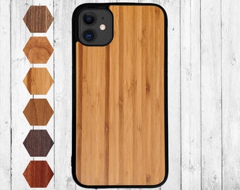 Coque en bois pour téléphone portable pour iPhone 12 mini - coque de protection en bois véritable noyer, coque en bois pour téléphone portable en bambou, coque pour smartphone cerisier, coque en silicone