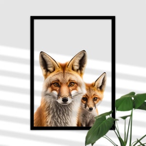 Fuchs Mama mit Baby Wandbild für Kinderzimmer - Waldtiere zum Ausdrucken, Wildtier Wandkunst Druck, Babyzimmer Poster Mädchen und Junge