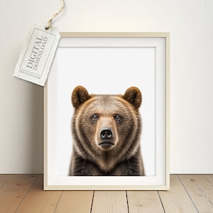 Brown Bear Mom Nursery Print - Imagen imprimible A4, Imagen fotográfica de cabeza de oso, Imagen de vida silvestre, Animal del bosque de osos, Descarga instantánea, Descarga digital